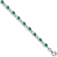 Sterling Silver Rhodium-Plated 7-Inch Bracelet with 19 Pear-Shaped Emeralds and 2 Round Diamonds - 0.18 Carat Emerald Weight, 0.01 Carat Total Diamond Weight by 0