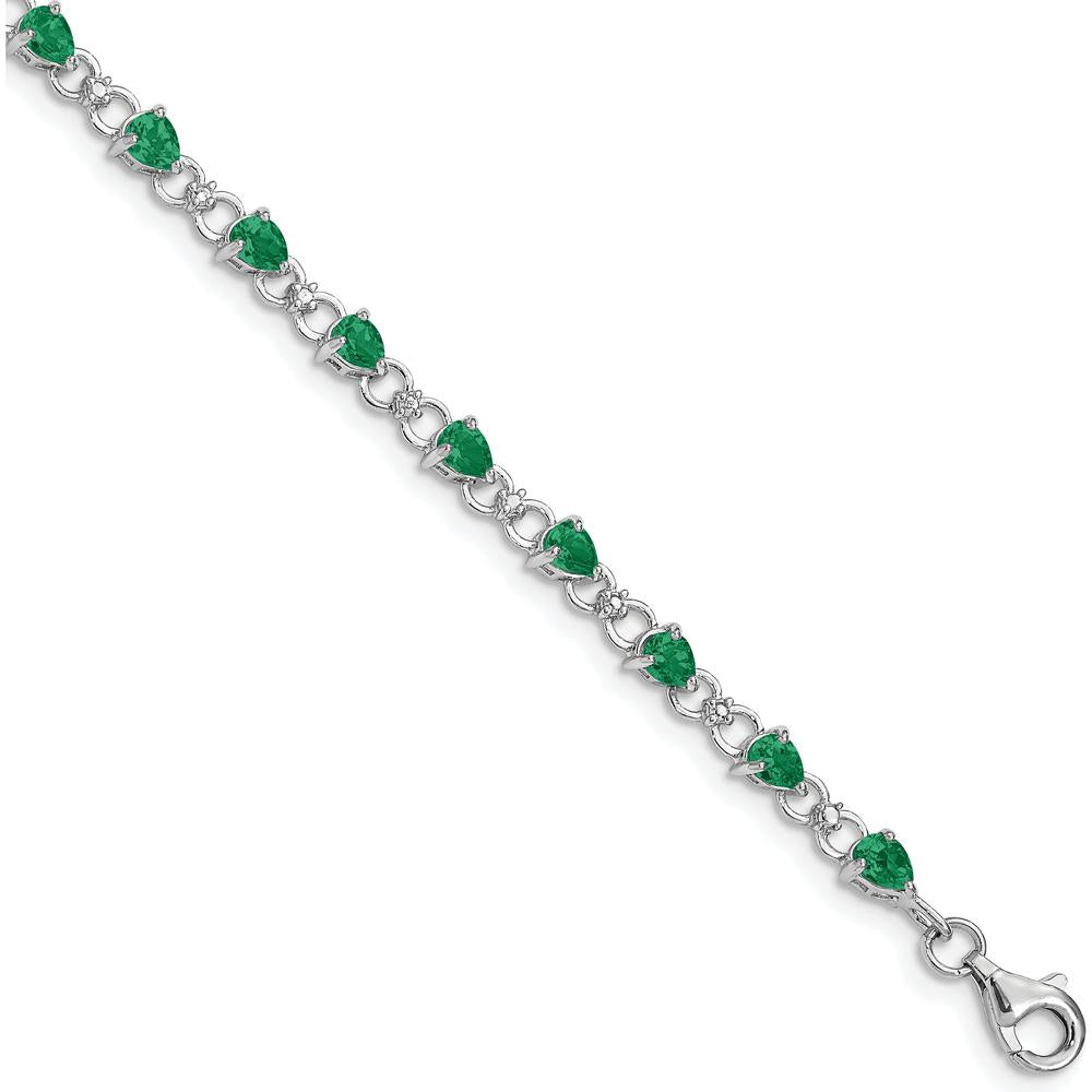 Sterling Silver Rhodium-Plated 7-Inch Bracelet with 19 Pear-Shaped Emeralds and 2 Round Diamonds - 0.18 Carat Emerald Weight, 0.01 Carat Total Diamond Weight by 0