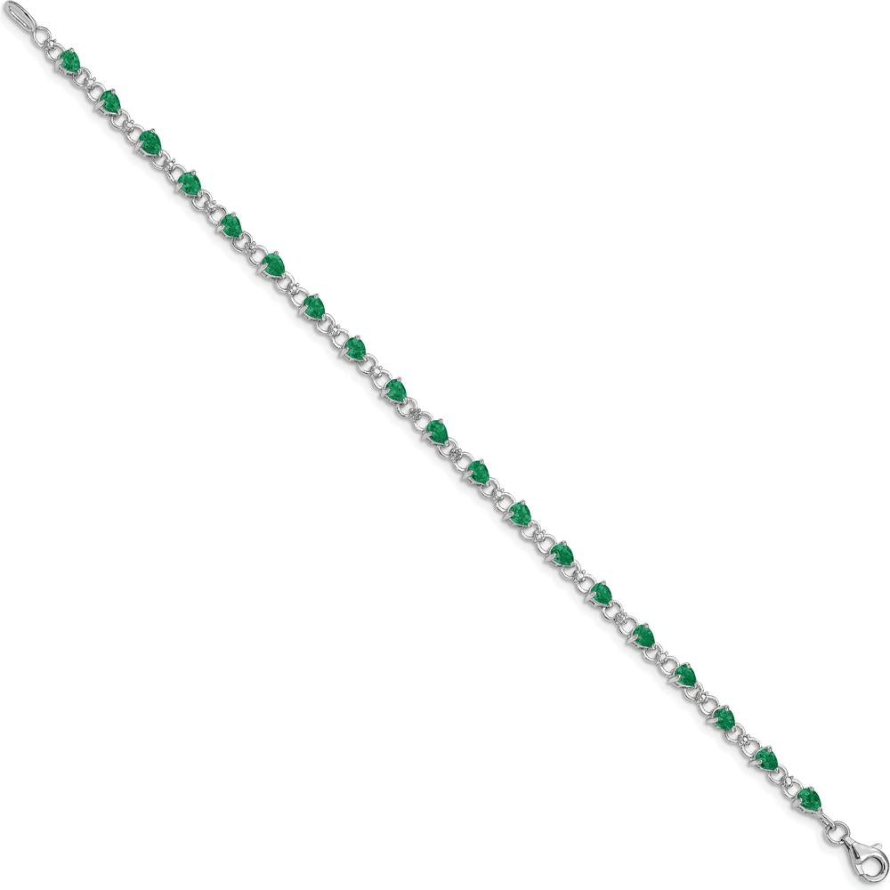 Sterling Silver Rhodium-Plated 7-Inch Bracelet with 19 Pear-Shaped Emeralds and 2 Round Diamonds - 0.18 Carat Emerald Weight, 0.01 Carat Total Diamond Weight by 0
