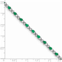 Sterling Silver Rhodium-Plated 7-Inch Bracelet with 19 Pear-Shaped Emeralds and 2 Round Diamonds - 0.18 Carat Emerald Weight, 0.01 Carat Total Diamond Weight by 0