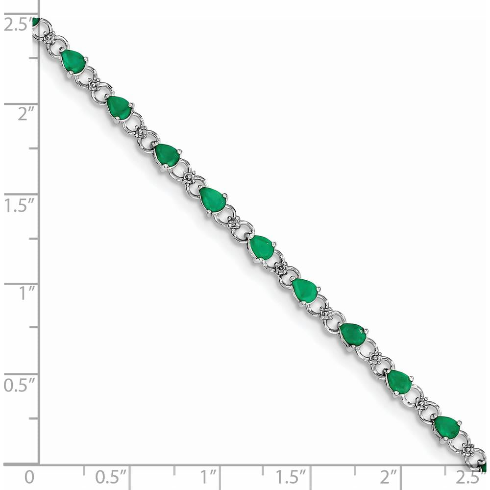 Sterling Silver Rhodium-Plated 7-Inch Bracelet with 19 Pear-Shaped Emeralds and 2 Round Diamonds - 0.18 Carat Emerald Weight, 0.01 Carat Total Diamond Weight by 0