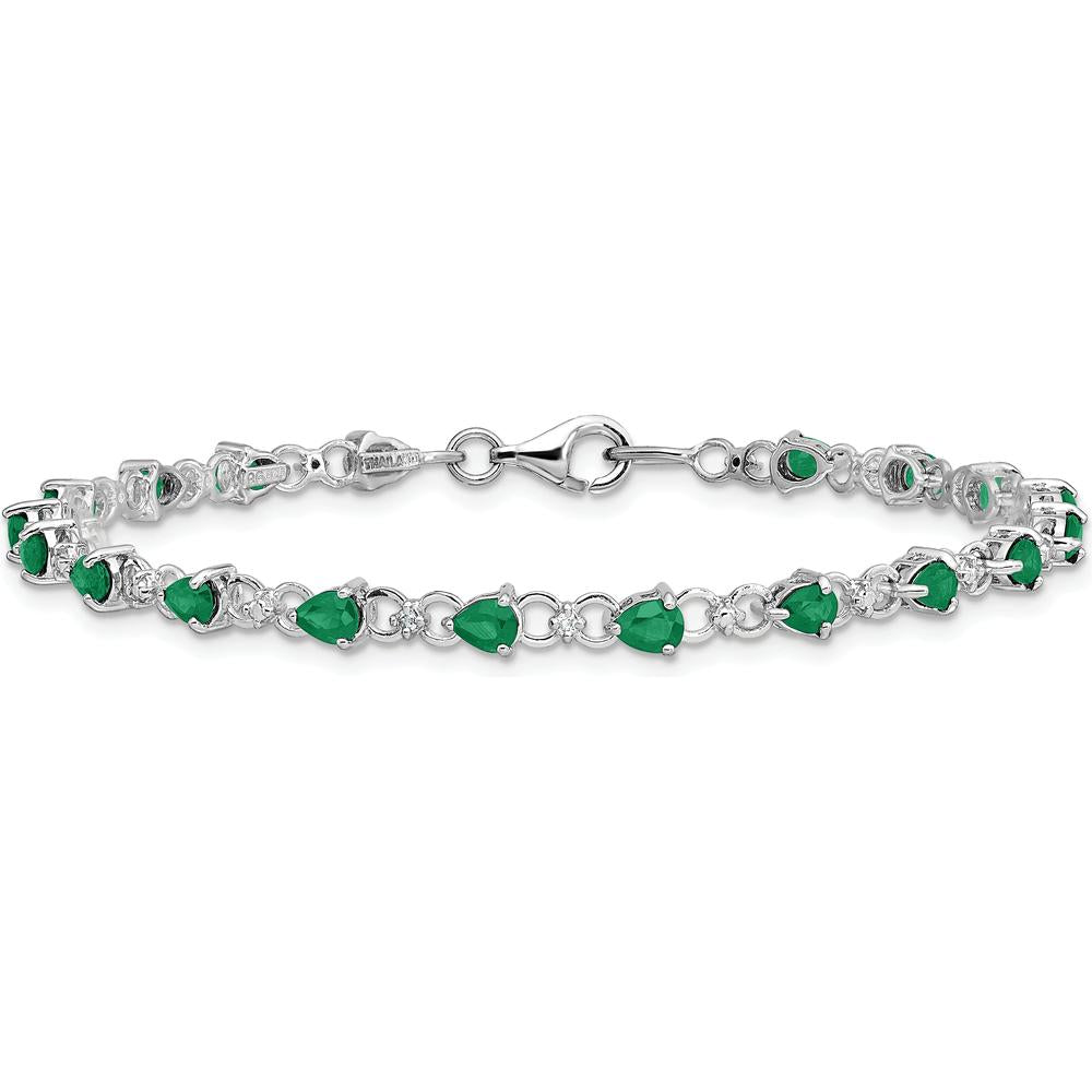 Sterling Silver Rhodium-Plated 7-Inch Bracelet with 19 Pear-Shaped Emeralds and 2 Round Diamonds - 0.18 Carat Emerald Weight, 0.01 Carat Total Diamond Weight by 0