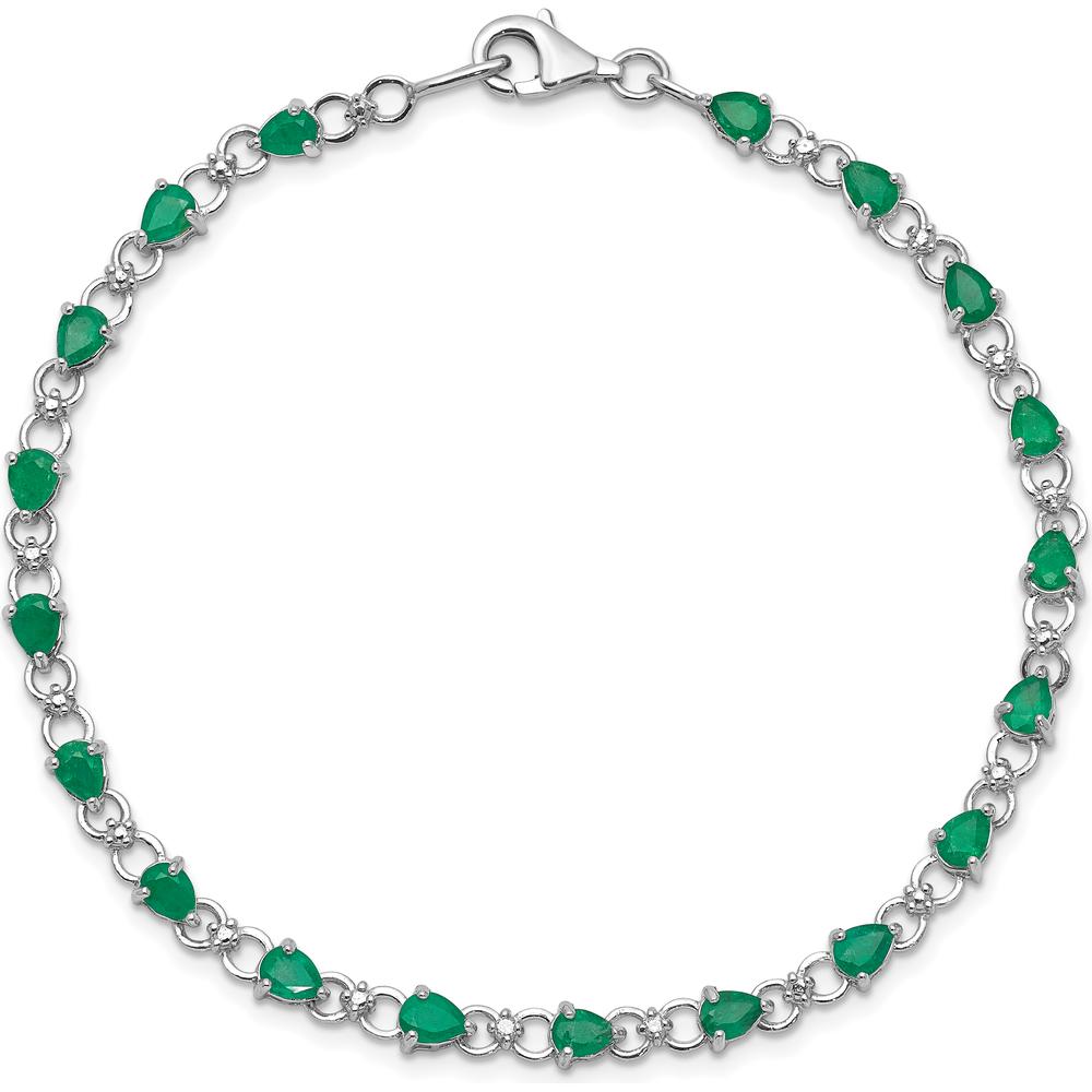 Sterling Silver Rhodium-Plated 7-Inch Bracelet with 19 Pear-Shaped Emeralds and 2 Round Diamonds - 0.18 Carat Emerald Weight, 0.01 Carat Total Diamond Weight by 0