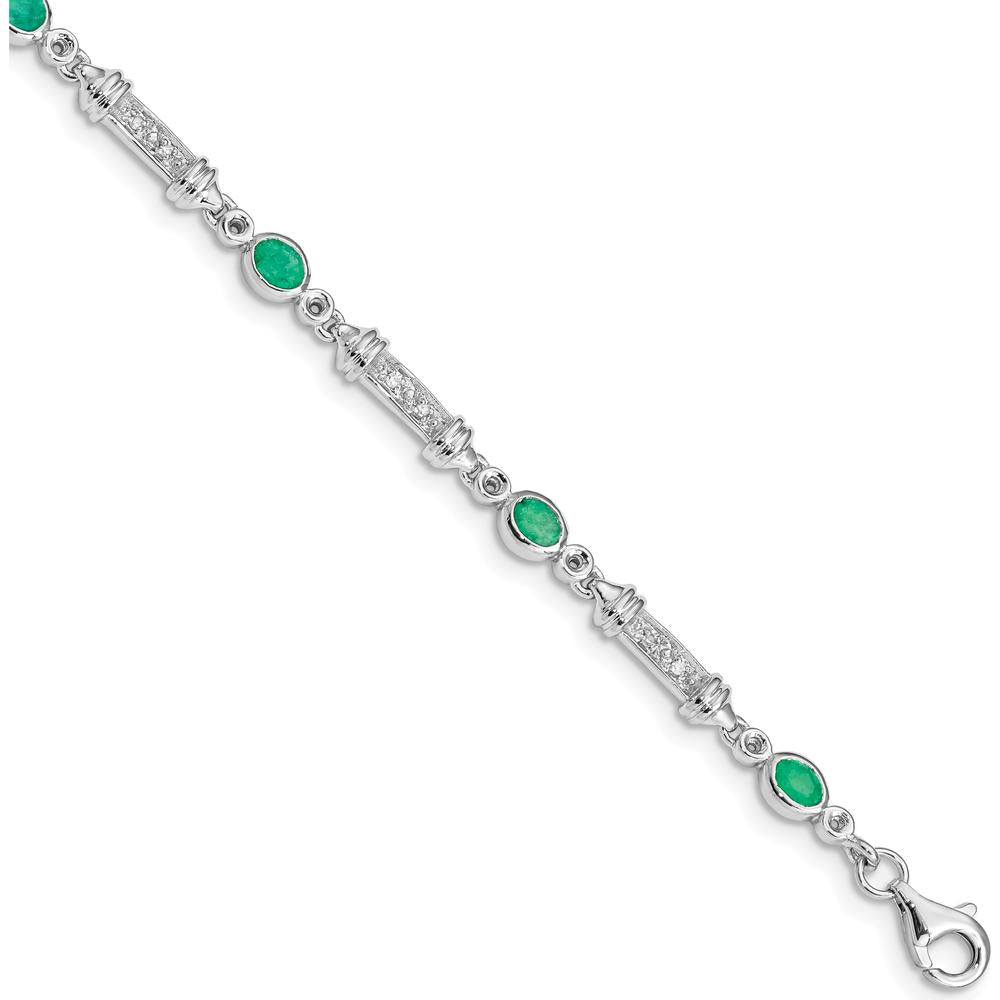 Sterling Silver Rhodium-Plated 7-Inch Bracelet with Bezel-Set Emeralds and Diamonds - 0.161 Carat Total Emerald Weight, 0.005 Carat Total Diamond Weight by 0