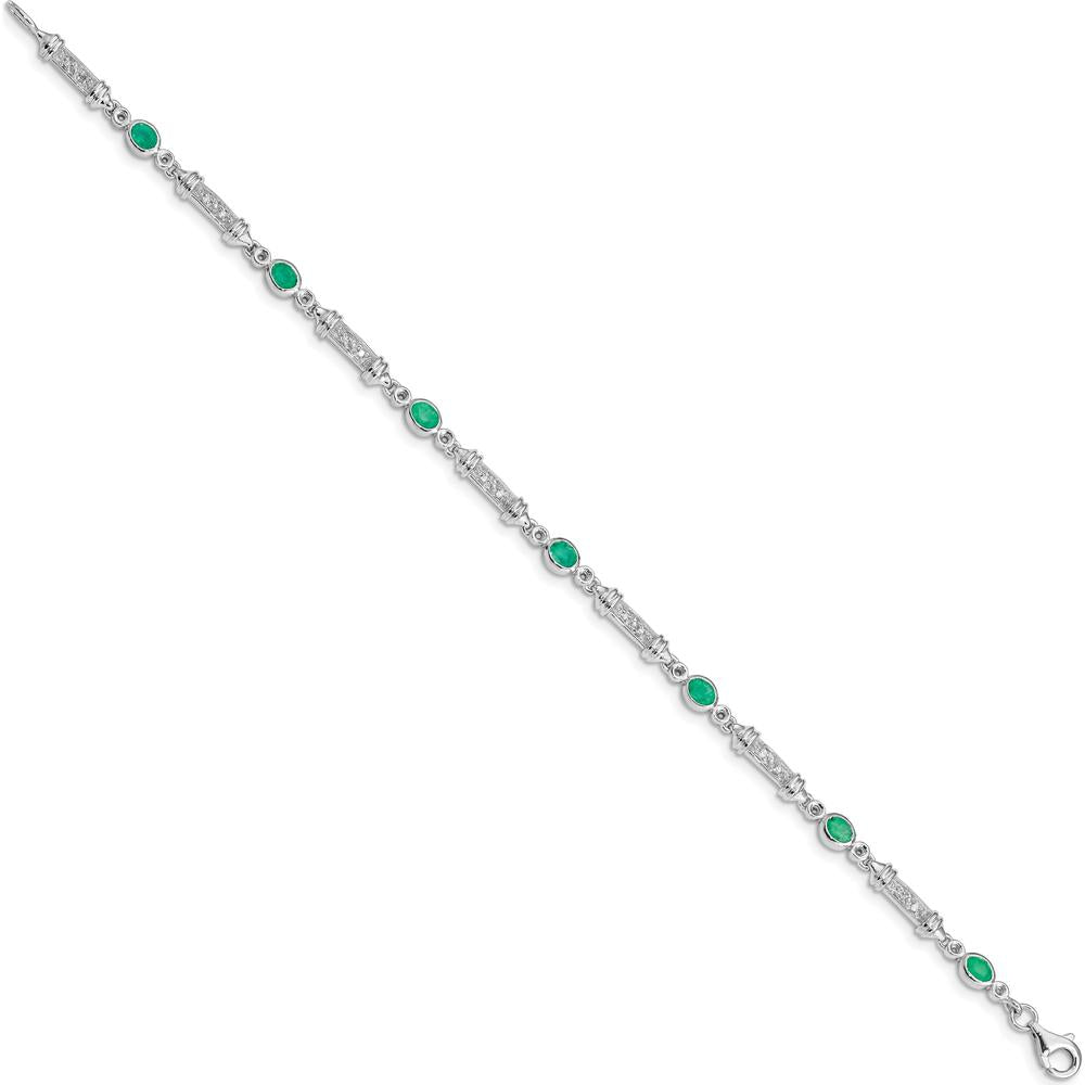 Sterling Silver Rhodium-Plated 7-Inch Bracelet with Bezel-Set Emeralds and Diamonds - 0.161 Carat Total Emerald Weight, 0.005 Carat Total Diamond Weight by 0