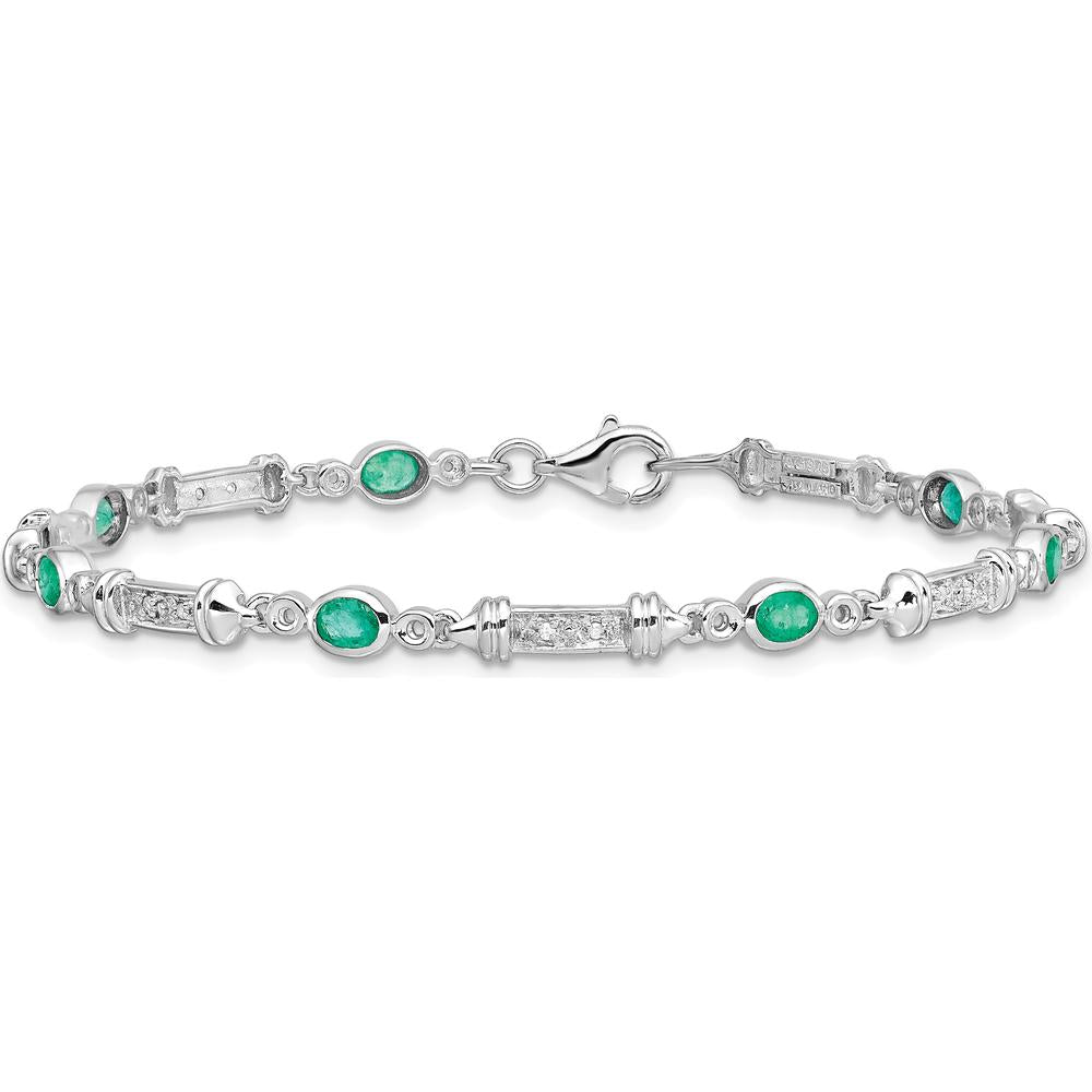 Sterling Silver Rhodium-Plated 7-Inch Bracelet with Bezel-Set Emeralds and Diamonds - 0.161 Carat Total Emerald Weight, 0.005 Carat Total Diamond Weight by 0