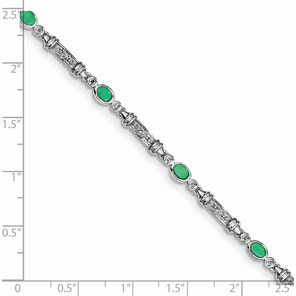 Sterling Silver Rhodium-Plated 7-Inch Bracelet with Bezel-Set Emeralds and Diamonds - 0.161 Carat Total Emerald Weight, 0.005 Carat Total Diamond Weight by 0