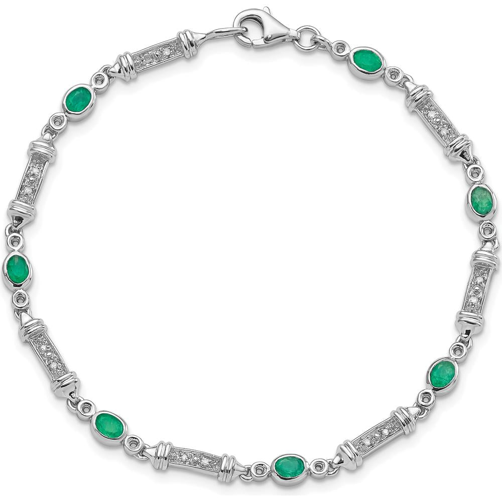 Sterling Silver Rhodium-Plated 7-Inch Bracelet with Bezel-Set Emeralds and Diamonds - 0.161 Carat Total Emerald Weight, 0.005 Carat Total Diamond Weight by 0