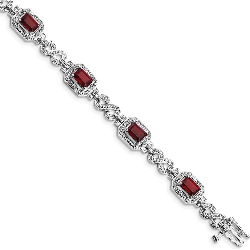 Sterling Silver Rhodium-Plated 7-Inch Bracelet with Octagon Garnets and Round Diamonds - 0.606 Carat Total Garnet Weight, 0.096 Carat Total Diamond Weight by 0
