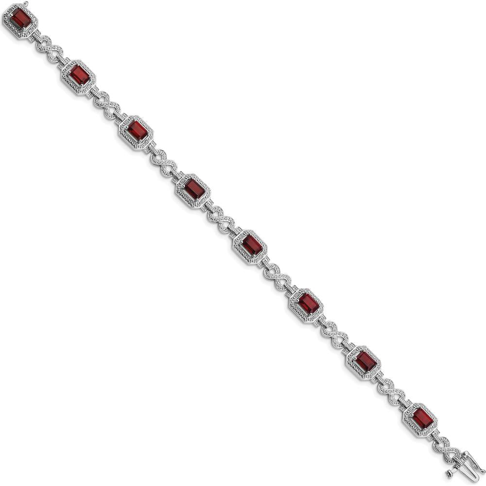 Sterling Silver Rhodium-Plated 7-Inch Bracelet with Octagon Garnets and Round Diamonds - 0.606 Carat Total Garnet Weight, 0.096 Carat Total Diamond Weight by 0
