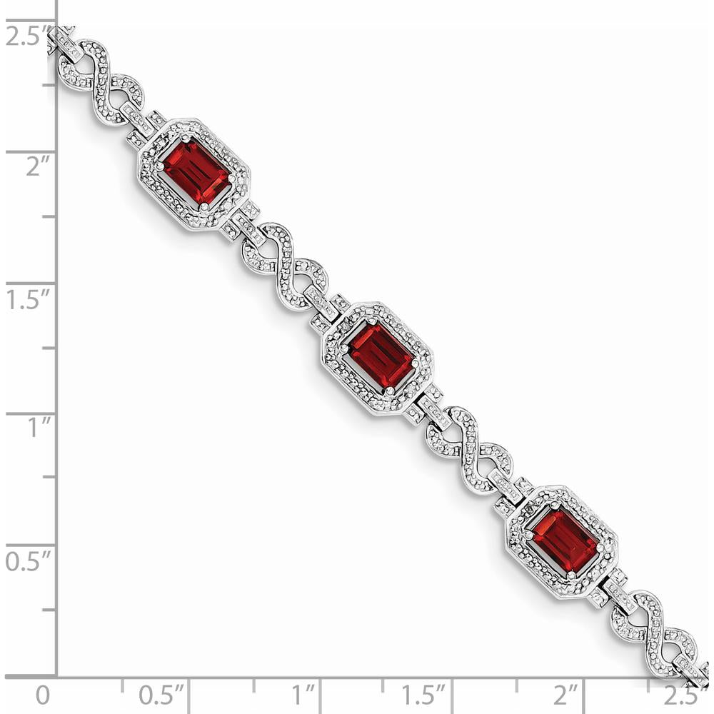 Sterling Silver Rhodium-Plated 7-Inch Bracelet with Octagon Garnets and Round Diamonds - 0.606 Carat Total Garnet Weight, 0.096 Carat Total Diamond Weight by 0