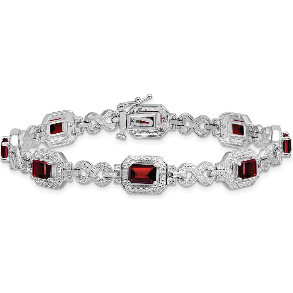 Sterling Silver Rhodium-Plated 7-Inch Bracelet with Octagon Garnets and Round Diamonds - 0.606 Carat Total Garnet Weight, 0.096 Carat Total Diamond Weight by 0