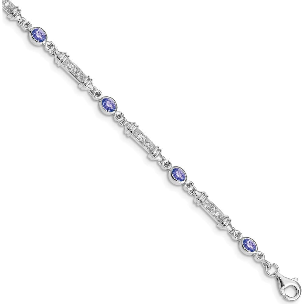 Sterling Silver Rhodium-Plated 7-Inch Tanzanite and Diamond Tennis Bracelet with Bezel Set Oval Tanzanite and Round Diamonds - 0.18 Carat Tanzanite, 0.07 Carat Total Diamond Weight by 0
