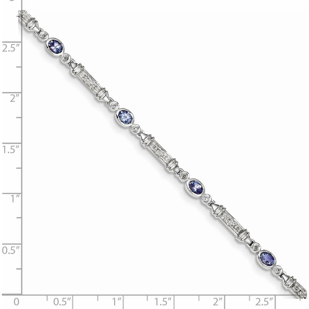 Sterling Silver Rhodium-Plated 7-Inch Tanzanite and Diamond Tennis Bracelet with Bezel Set Oval Tanzanite and Round Diamonds - 0.18 Carat Tanzanite, 0.07 Carat Total Diamond Weight by 0