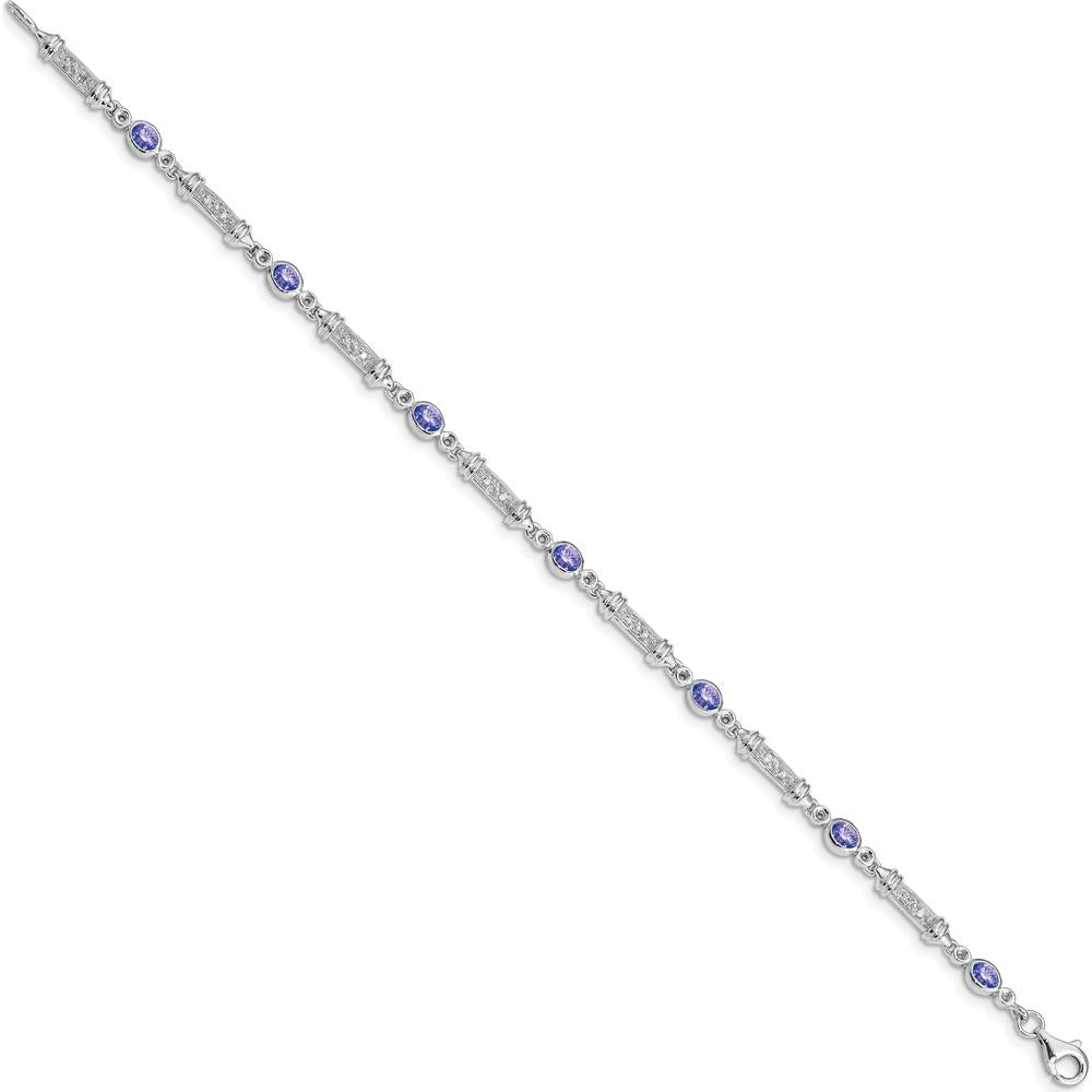 Sterling Silver Rhodium-Plated 7-Inch Tanzanite and Diamond Tennis Bracelet with Bezel Set Oval Tanzanite and Round Diamonds - 0.18 Carat Tanzanite, 0.07 Carat Total Diamond Weight by 0