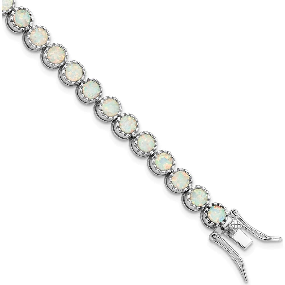 Sterling Silver Rhodium-Plated 7" Tennis Bracelet with Round Created Opal Inlay - 29 Stones by Lumare Gioia