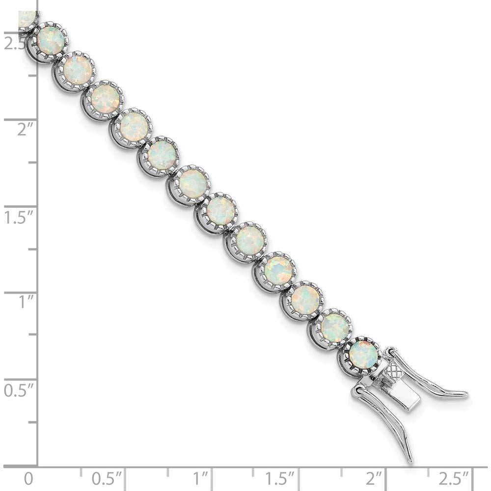 Sterling Silver Rhodium-Plated 7" Tennis Bracelet with Round Created Opal Inlay - 29 Stones by Lumare Gioia