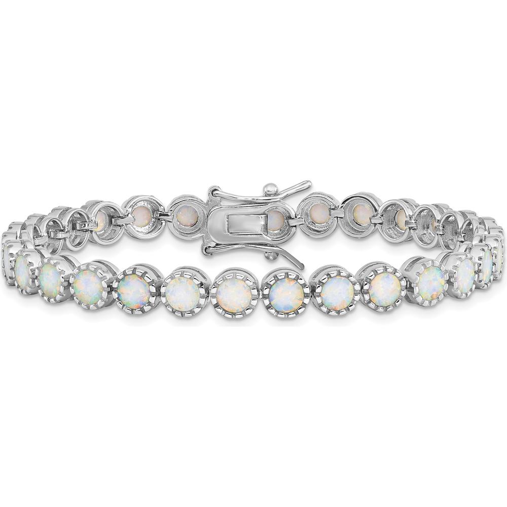 Sterling Silver Rhodium-Plated 7" Tennis Bracelet with Round Created Opal Inlay - 29 Stones by Lumare Gioia