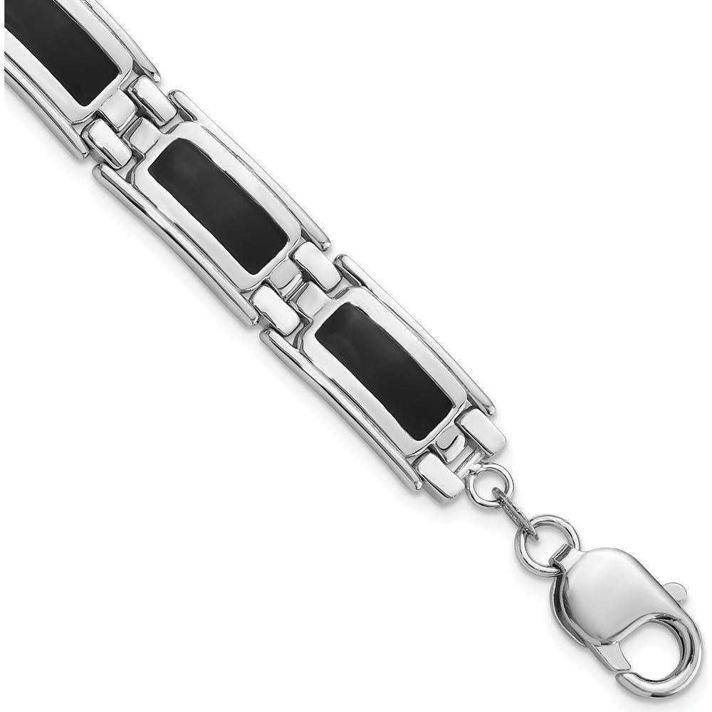 Sterling Silver Rhodium-Plated 8" Link Bracelet with Black Enamel Accents - Men's Jewelry by Lumare Gioia