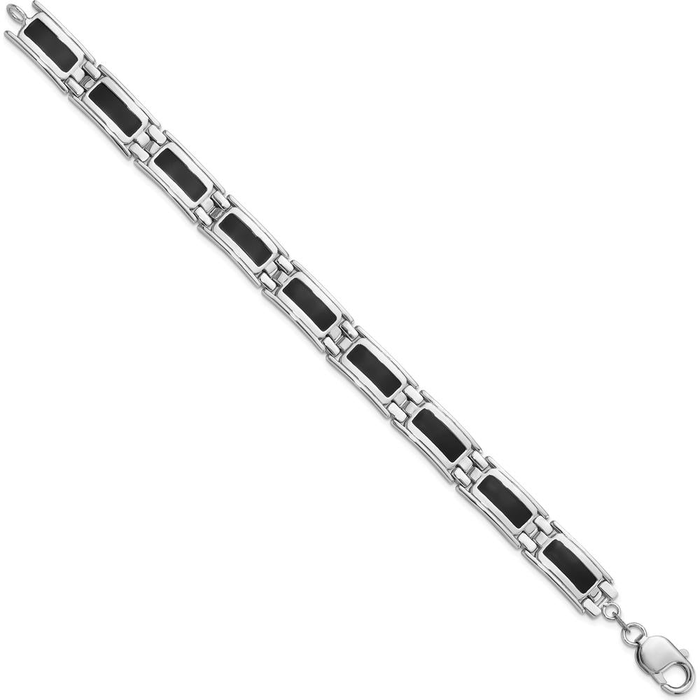 Sterling Silver Rhodium-Plated 8" Link Bracelet with Black Enamel Accents - Men's Jewelry by Lumare Gioia