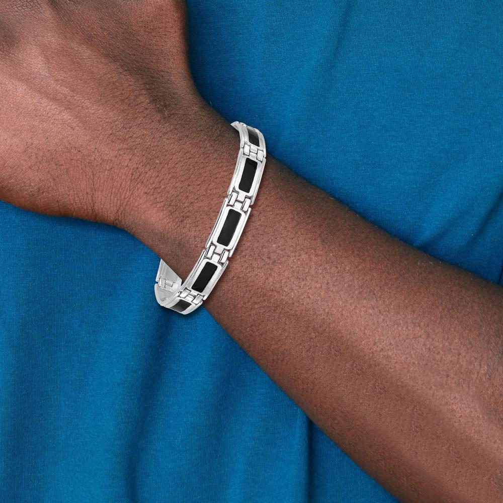 Sterling Silver Rhodium-Plated 8" Link Bracelet with Black Enamel Accents - Men's Jewelry by Lumare Gioia