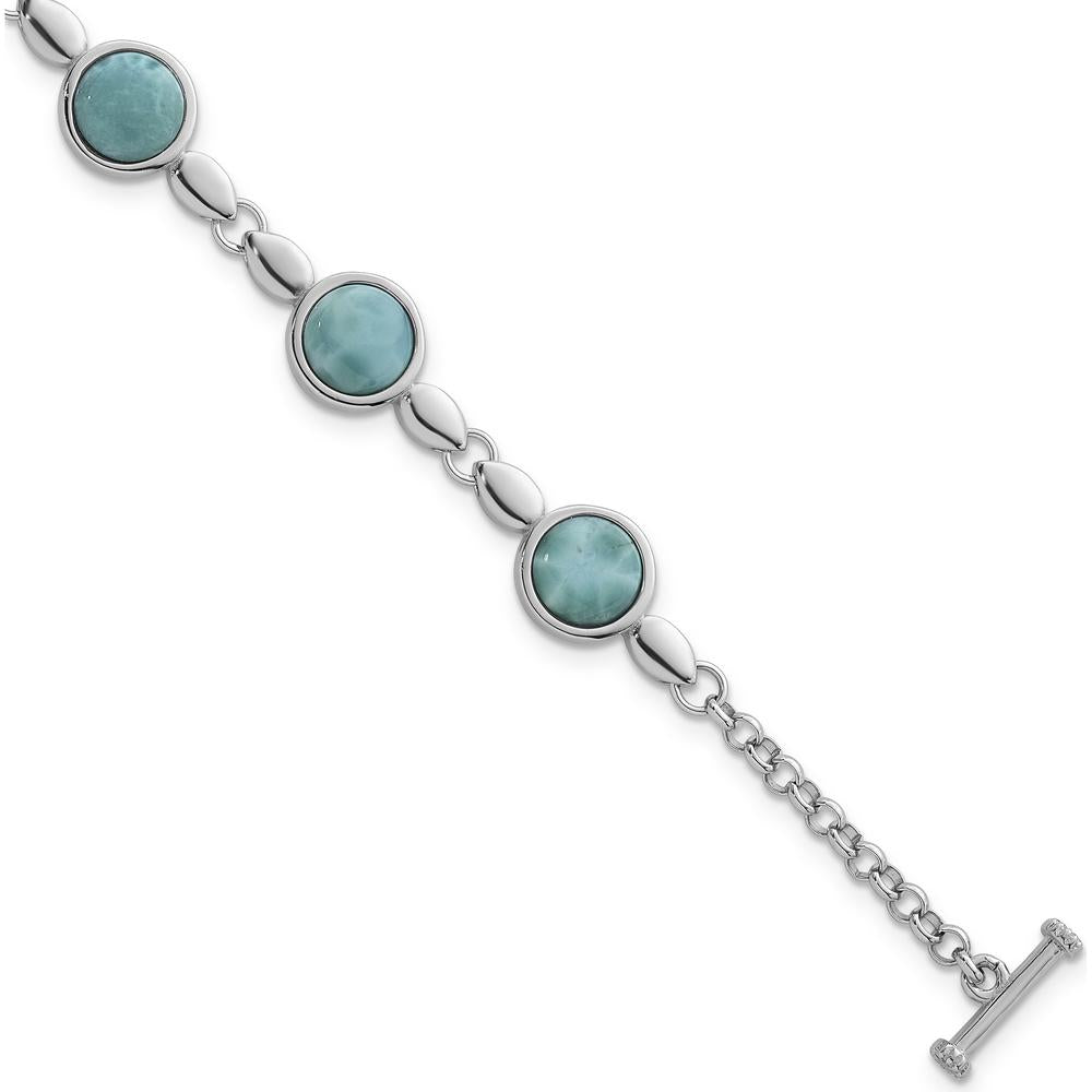 Sterling Silver Rhodium-Plated 8" Toggle Bracelet with Bezel Set Round Larimar Stones by Lumare Gioia