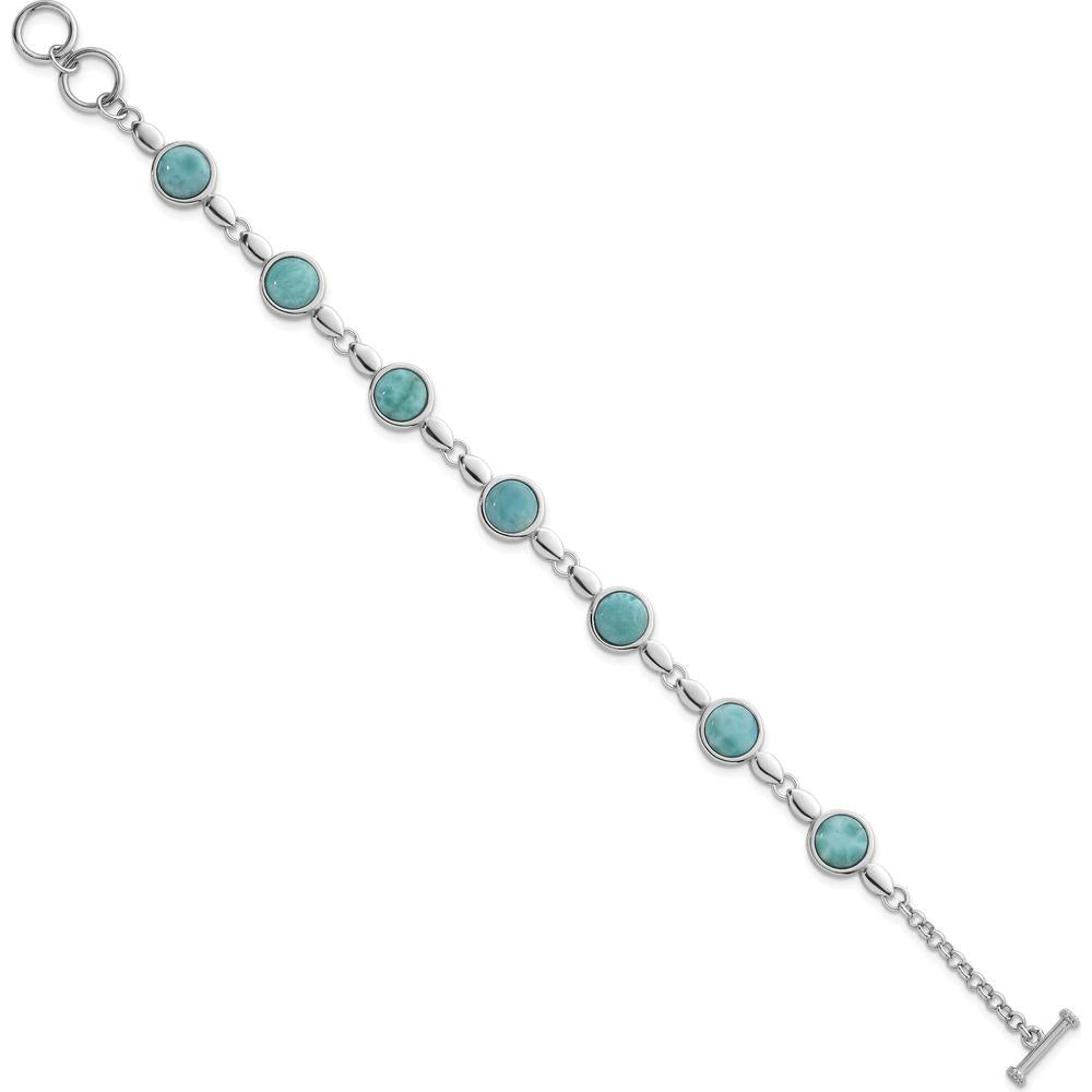 Sterling Silver Rhodium-Plated 8" Toggle Bracelet with Bezel Set Round Larimar Stones by Lumare Gioia