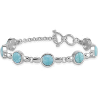 Sterling Silver Rhodium-Plated 8" Toggle Bracelet with Bezel Set Round Larimar Stones by Lumare Gioia