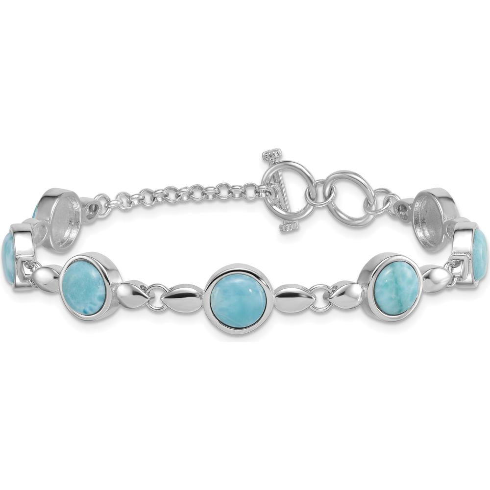 Sterling Silver Rhodium-Plated 8" Toggle Bracelet with Bezel Set Round Larimar Stones by Lumare Gioia