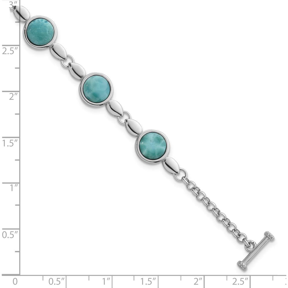 Sterling Silver Rhodium-Plated 8" Toggle Bracelet with Bezel Set Round Larimar Stones by Lumare Gioia