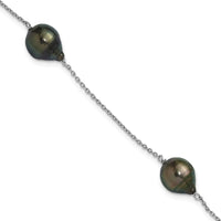 Sterling Silver Rhodium-Plated 9-10mm Baroque Black Tahitian Saltwater Cultured Pearl 3-Station 7.5" Bracelet by Monteluci Fine Jewelry