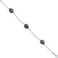 Sterling Silver Rhodium-Plated 9-10mm Baroque Black Tahitian Saltwater Cultured Pearl 3-Station 7.5" Bracelet by Monteluci Fine Jewelry