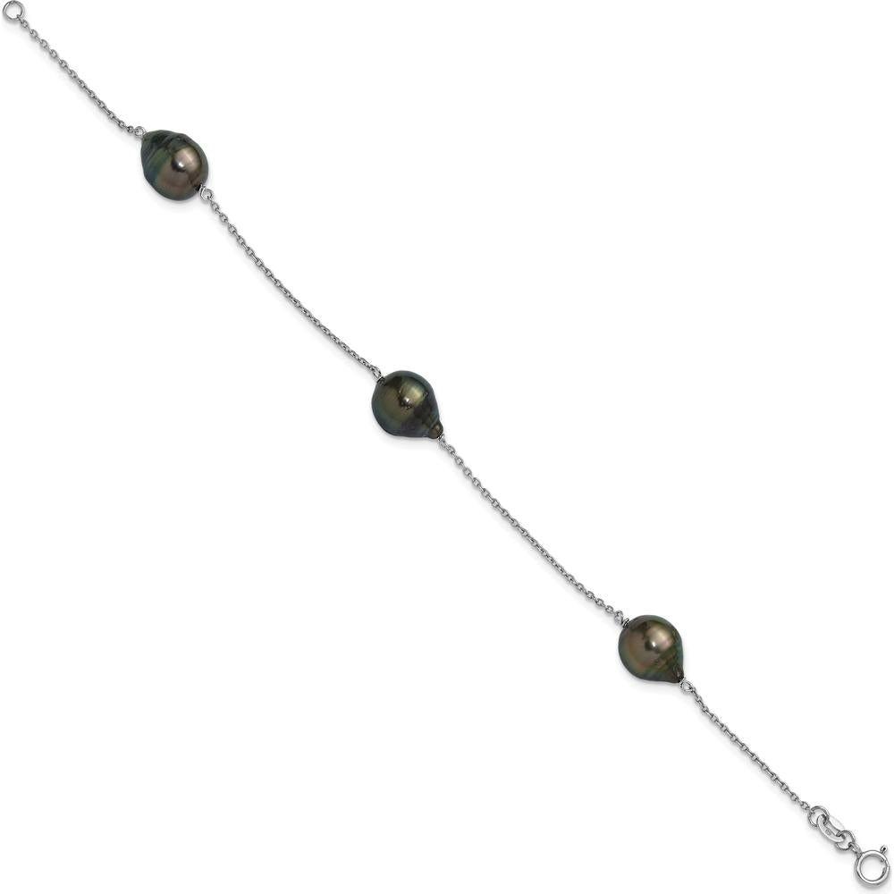 Sterling Silver Rhodium-Plated 9-10mm Baroque Black Tahitian Saltwater Cultured Pearl 3-Station 7.5" Bracelet by Monteluci Fine Jewelry