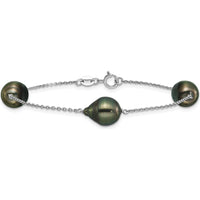 Sterling Silver Rhodium-Plated 9-10mm Baroque Black Tahitian Saltwater Cultured Pearl 3-Station 7.5" Bracelet by Monteluci Fine Jewelry