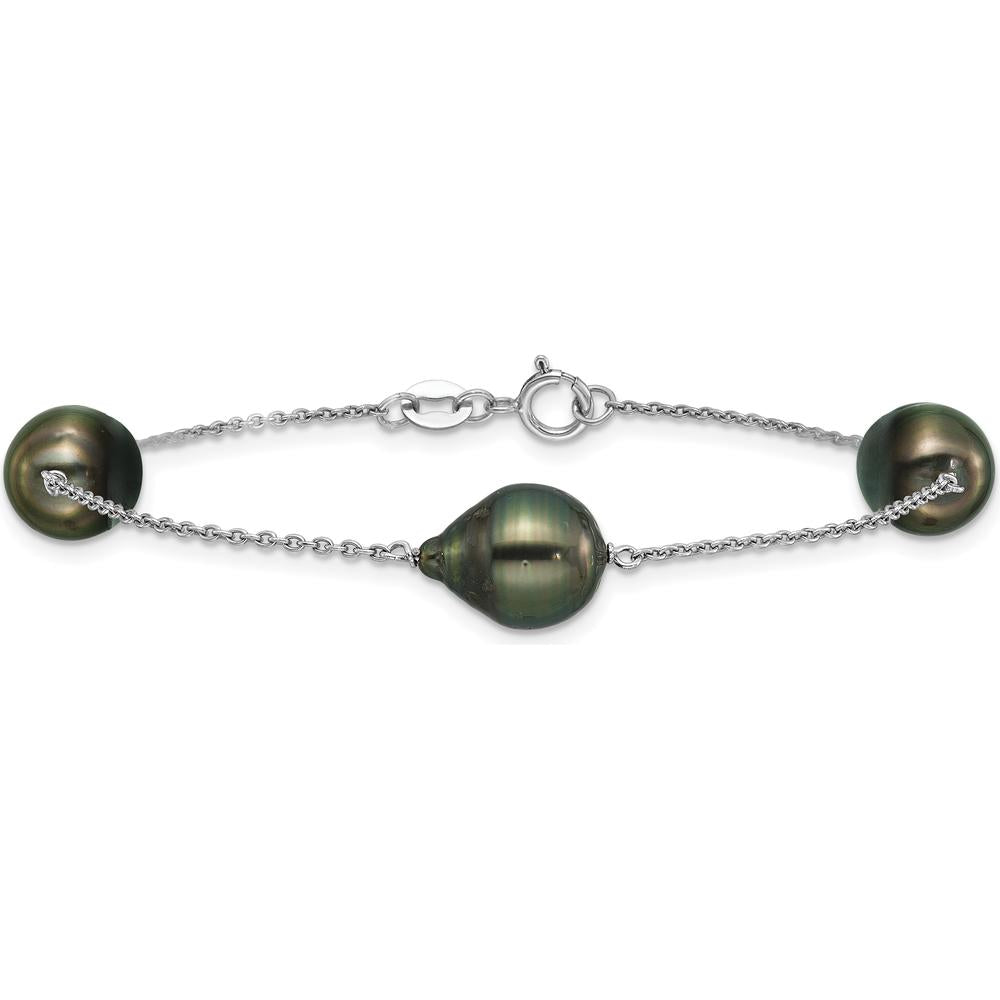 Sterling Silver Rhodium-Plated 9-10mm Baroque Black Tahitian Saltwater Cultured Pearl 3-Station 7.5" Bracelet by Monteluci Fine Jewelry