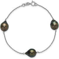 Sterling Silver Rhodium-Plated 9-10mm Baroque Black Tahitian Saltwater Cultured Pearl 3-Station 7.5" Bracelet by Monteluci Fine Jewelry