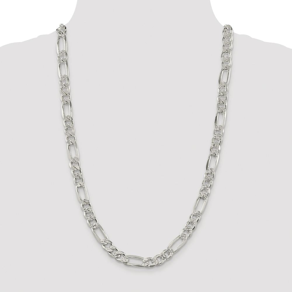 Sterling Silver Rhodium-Plated 9.5mm Pavé Flat Figaro Chain - 26 Inch Length by Lumare Gioia