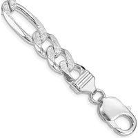 Sterling Silver Rhodium-Plated 9.5mm Pavé Flat Figaro Chain Bracelet with Lobster Clasp - 8 Inch Length by Lumare Gioia