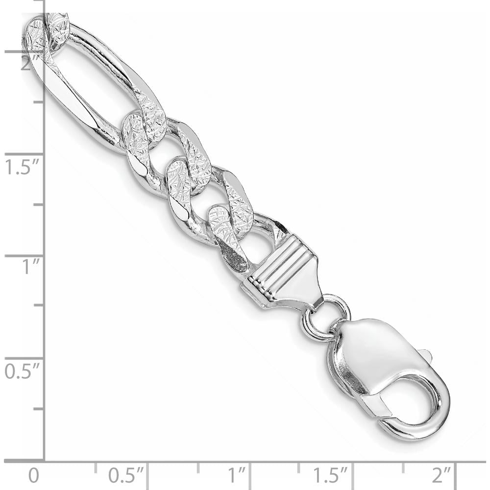 Sterling Silver Rhodium-Plated 9.5mm Pavé Flat Figaro Chain Bracelet with Lobster Clasp - 8 Inch Length by Lumare Gioia