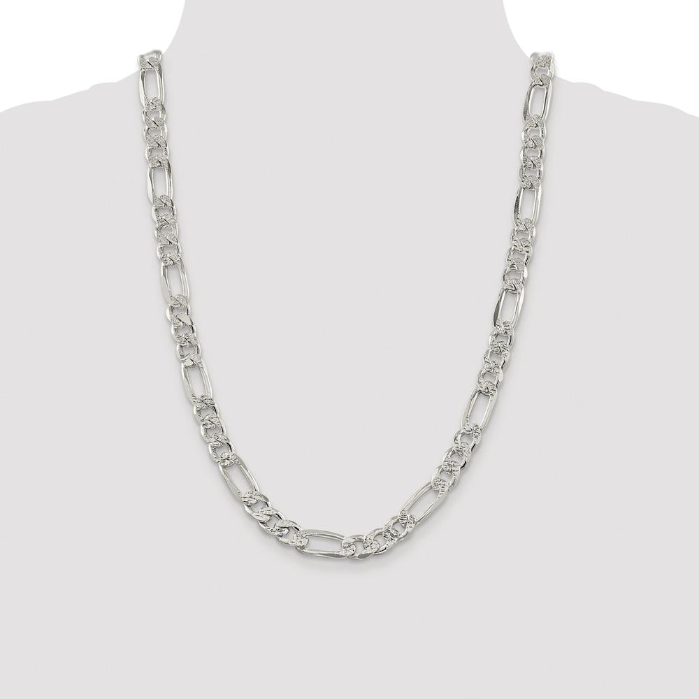 Sterling Silver Rhodium-Plated 9.5mm Pavé Flat Figaro Chain Necklace - 24 inches in Length by Lumare Gioia