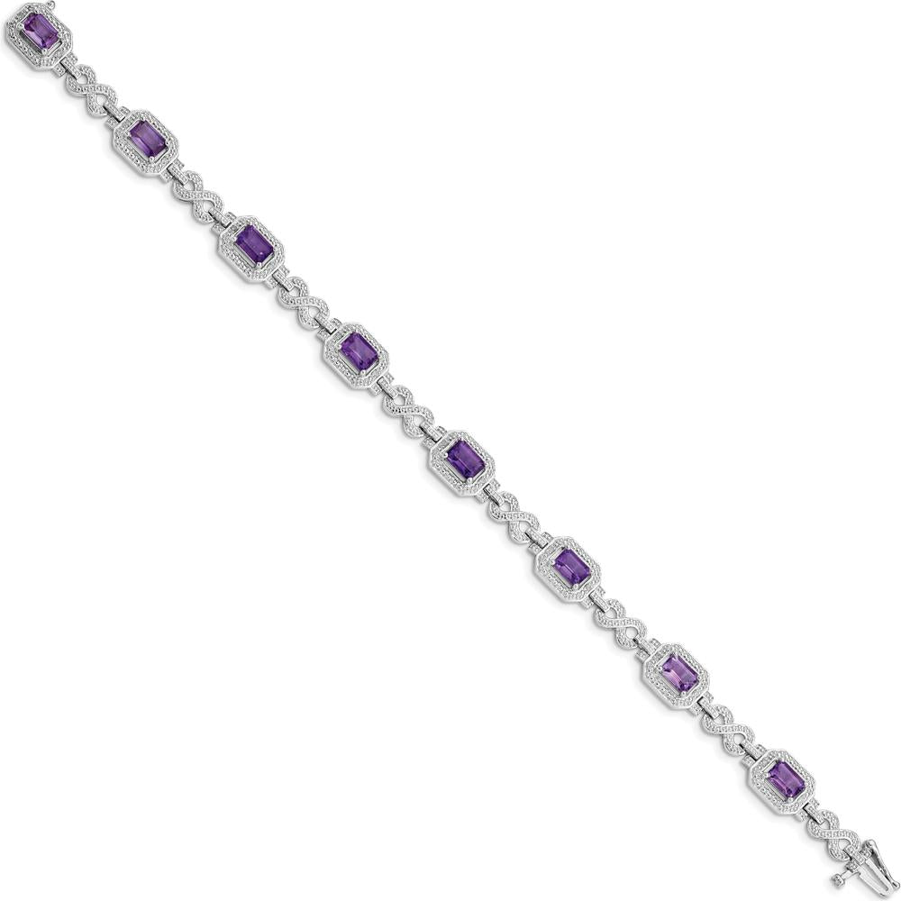 Sterling Silver Rhodium-Plated Amethyst & Diamond Bracelet - 0.54 Carat Amethyst, 0.096 Carat Total Diamond Weight by 0