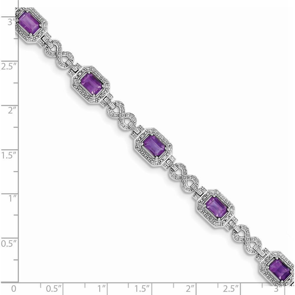 Sterling Silver Rhodium-Plated Amethyst & Diamond Bracelet - 0.54 Carat Amethyst, 0.096 Carat Total Diamond Weight by 0