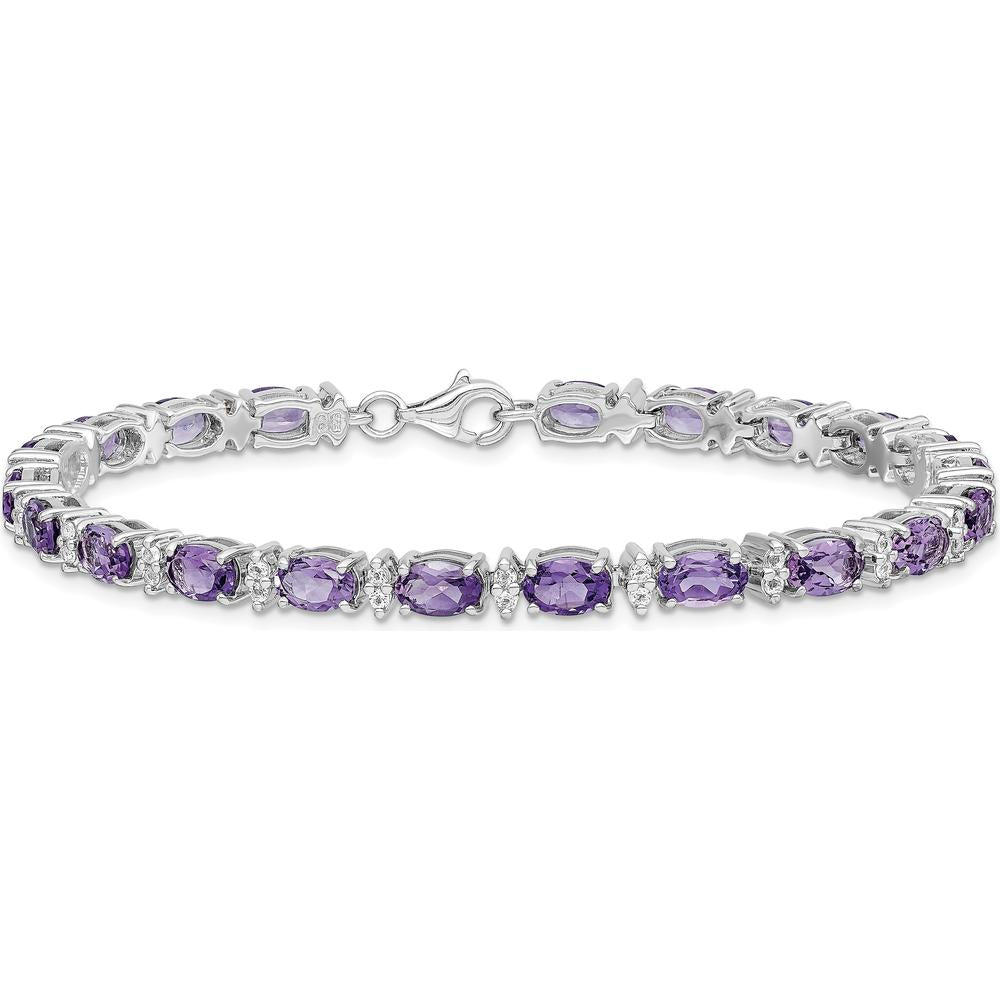 Sterling Silver Rhodium-Plated Amethyst & White Topaz Tennis Bracelet - 9.45 Carat Amethyst, 0.84 Carat White Topaz by 0