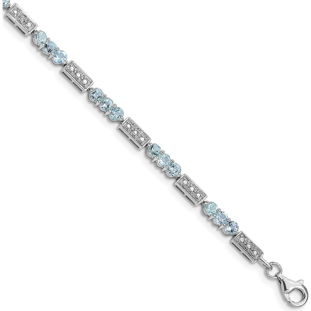 Sterling Silver Rhodium-Plated Aquamarine and Diamond Bracelet with 27 Round Aquamarine Stones and 2 Diamonds - 0.10 Carat Total Gemstone Weight by 0
