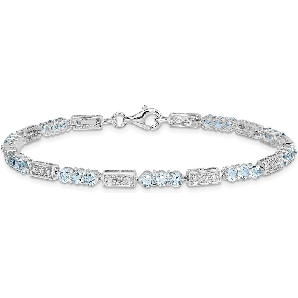 Sterling Silver Rhodium-Plated Aquamarine and Diamond Bracelet with 27 Round Aquamarine Stones and 2 Diamonds - 0.10 Carat Total Gemstone Weight by 0