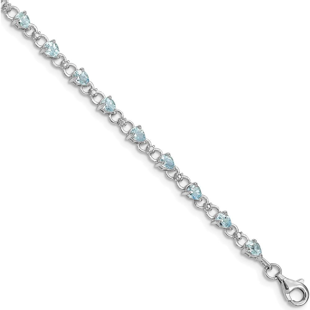 Sterling Silver Rhodium-Plated Aquamarine and Diamond Tennis Bracelet with 19 Pear-shaped Aquamarine Stones and 2 Round Diamonds - 0.13 Carat Total Gem Weight by 0