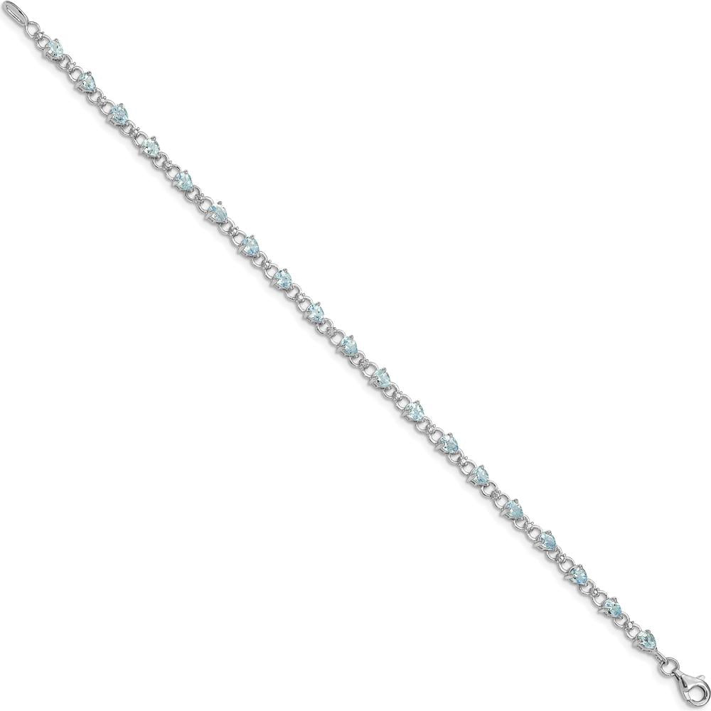 Sterling Silver Rhodium-Plated Aquamarine and Diamond Tennis Bracelet with 19 Pear-shaped Aquamarine Stones and 2 Round Diamonds - 0.13 Carat Total Gem Weight by 0