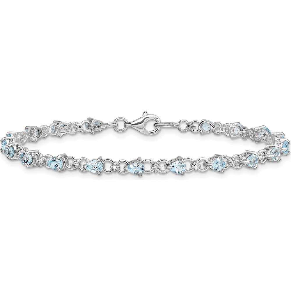 Sterling Silver Rhodium-Plated Aquamarine and Diamond Tennis Bracelet with 19 Pear-shaped Aquamarine Stones and 2 Round Diamonds - 0.13 Carat Total Gem Weight by 0