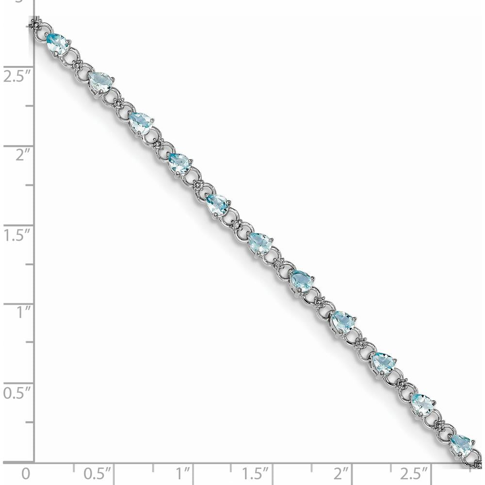 Sterling Silver Rhodium-Plated Aquamarine and Diamond Tennis Bracelet with 19 Pear-shaped Aquamarine Stones and 2 Round Diamonds - 0.13 Carat Total Gem Weight by 0