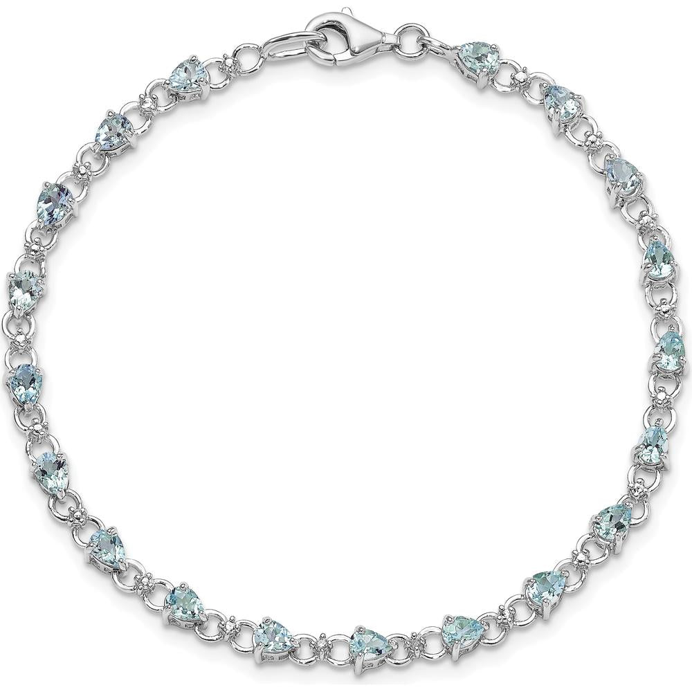 Sterling Silver Rhodium-Plated Aquamarine and Diamond Tennis Bracelet with 19 Pear-shaped Aquamarine Stones and 2 Round Diamonds - 0.13 Carat Total Gem Weight by 0